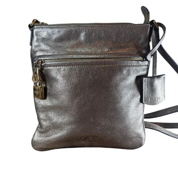 Loewe Handbags - LOEWE Burnished Silver Leather Small Anagram Messenger Crossbody Bag